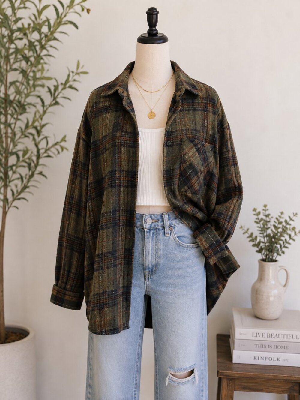 Audrey 3+1 Plaid Flannel Shirt S/M Green Brown Oversized Button Down Shacket